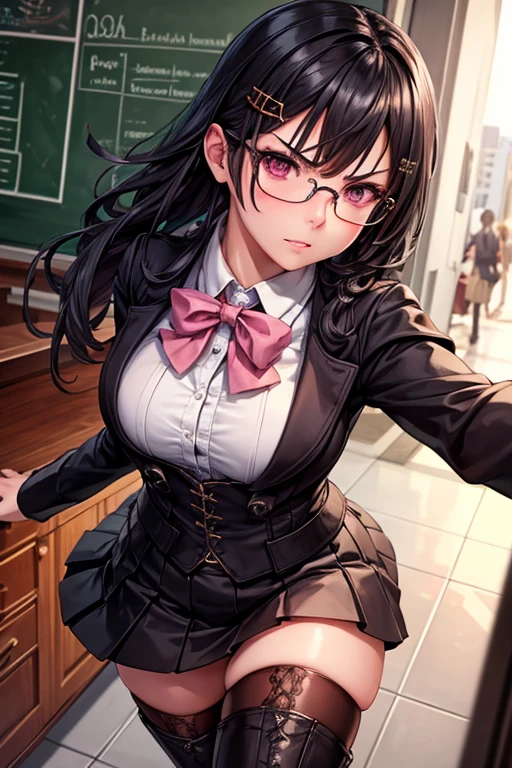 masterpiece, Beautiful art, professional artist, 8k, art style by sciamano240, Very detailed face, Detailed hair, detailed clothing, detailed fabric, 1 girl, perfectly drawn body, beautiful face, broad, very detailed, wearing teacher clothes, thigh high boots, tube skirt, Glasses, looking angrily over Glasses, Sensual Lips , pink cheeks, School environment, detailed background, board , show details in the eyes, close up view, spectator looking, angry expression,