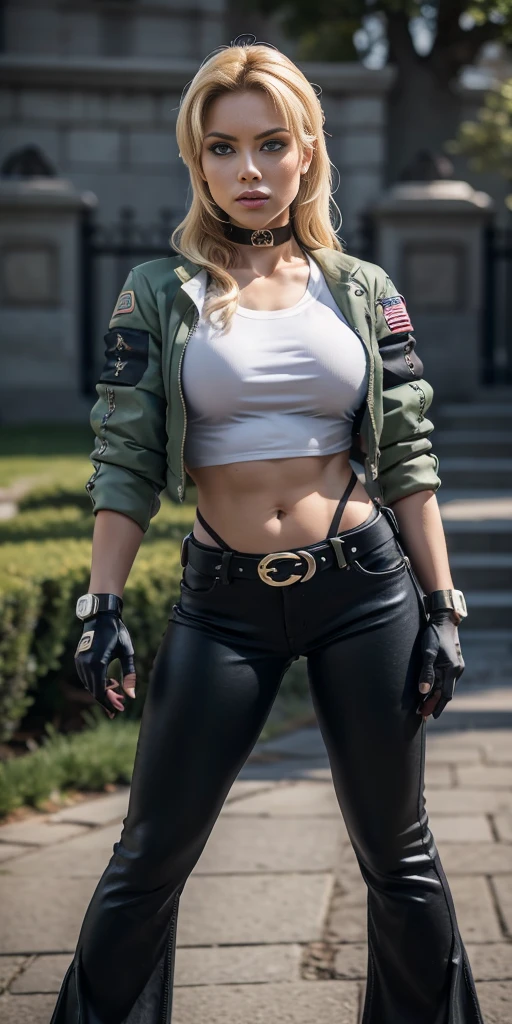 8k, masterpiece, best quality, ultra-detailed, sonyablade, 1girl, solo, long hair, blonde hair, cute blue eyes, breasts, choker, crop top, cropped green jacket, black fingerless gloves, full body, highleg panties, jacket, combat boots, lipstick, makeup, (abs:0.3), midriff, navel, black pants(Wide flares on pants:1.2),
