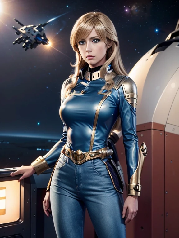 Anime style female character inspired by vintage space opera aesthetics, with elongated facial features, 165 cm tall, having blond, waist-length, wavy hair with V bangs, and blue eyes. She is wearing tight skinny jeans with high boots over them, adding an equestrian touch to her ensemble. The character's design reflects a blend of space opera elements and a realistic body proportion, highlighting her strong yet feminine presence.