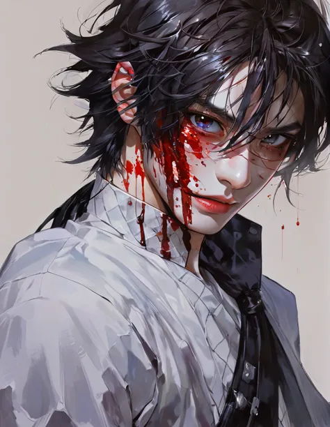 a man with a knife and blood on his face, a detailed painting by yang j, pixiv contest winner, auto-destructive art, handsome gu...