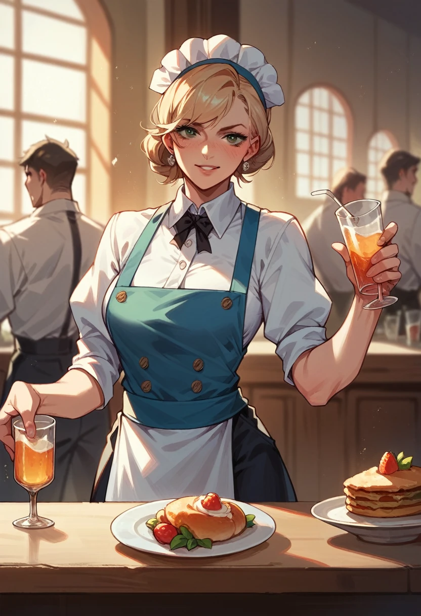 Taylor swift wearing a maids outfit and serving drinks to  guests.