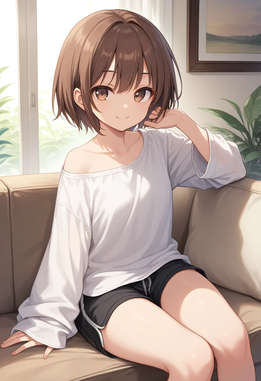 solo, score_9, straight hair, short hair, brown hair, brown eyes, oversized clothes, white shirt, black shorts, sitting, sofa, indoors, looking at viewer, smile