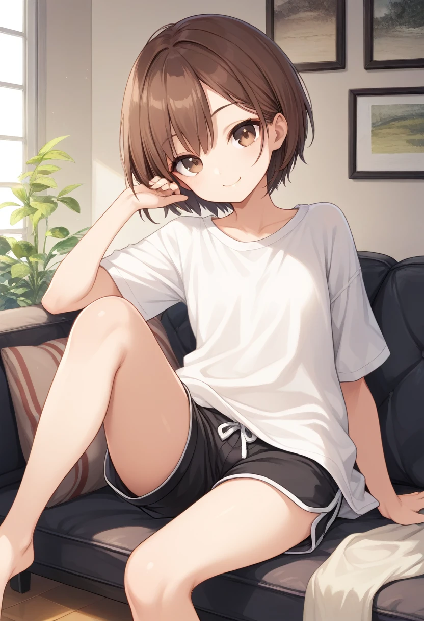 solo, score_9, straight hair, short hair, brown hair, brown eyes, oversized clothes, white shirt, black shorts, sitting, sofa, indoors, looking at viewer, smile