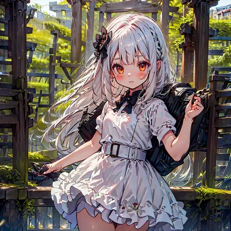 1girl,little、cute、primary school students、red short-sleeved dress、gray hair、red school bag、skipping、facing sideways towards the ...