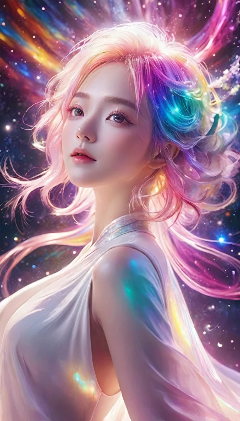 Floating in pink space、((whole body))、Reaching out, Highest quality, High-definition CG synthesis 8k wallpaper, Cinema Lighting, Lens flare, A beautiful eye for detail, White clothes,  Multicolored Hair, Rich and colorful light, particle, 、、Laugh fearlessly、Rainbow Hair、Big Bang Girl,((The edge of the universe can be seen on the lining))、Dark matter、energy、Retro and psychedelic、Creating miracles with a single photon、From Blink to Quasar、that&#39;It&#39;s too bright to keep looking、Super Burst will attract you