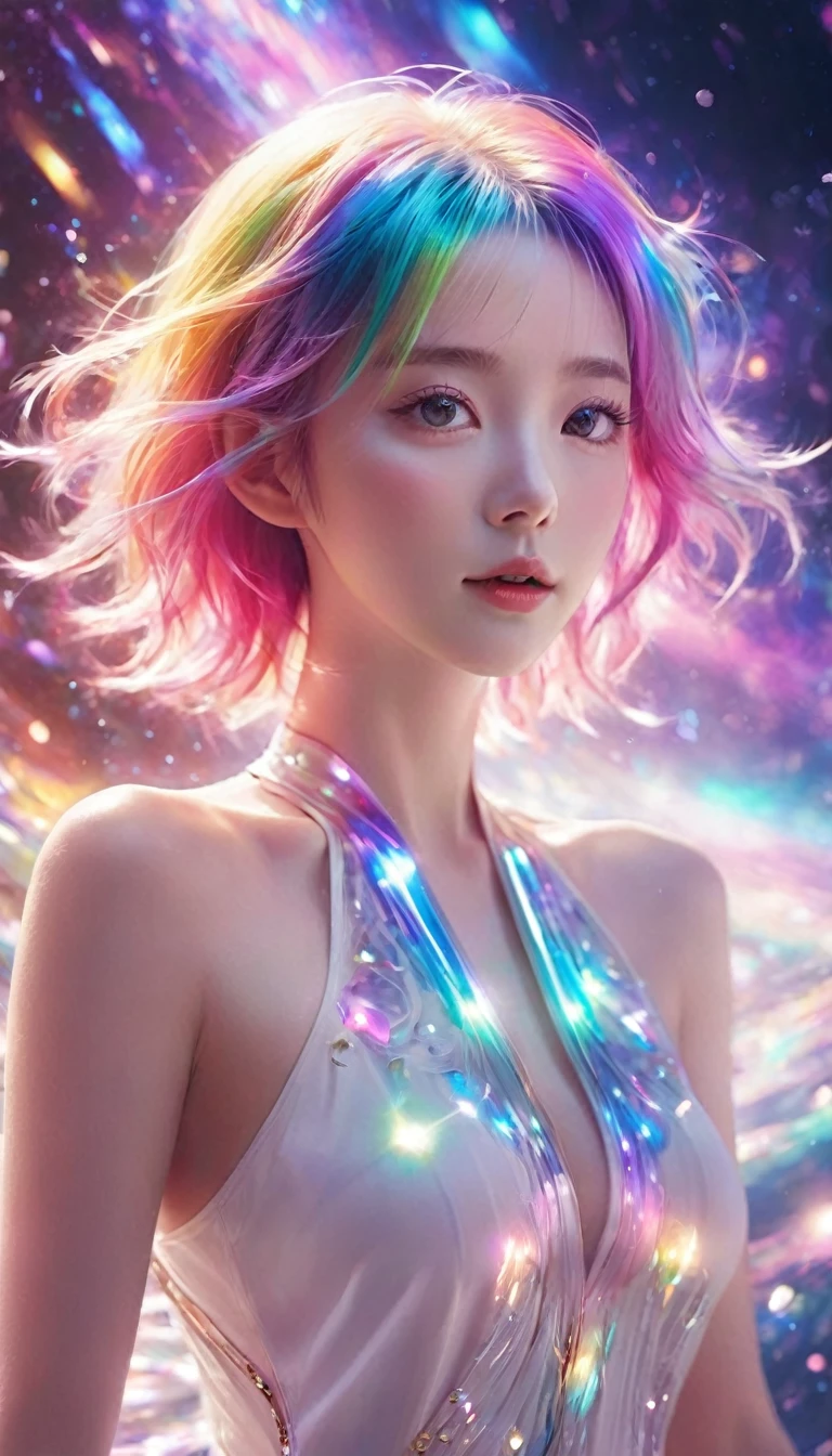 Floating in pink space、((whole body))、Reaching out, Highest quality, High-definition CG synthesis 8k wallpaper, Cinema Lighting, Lens flare, A beautiful eye for detail, White clothes,  Multicolored Hair, Rich and colorful light, particle, 、、Laugh fearlessly、Rainbow Hair、Big Bang Girl,((The edge of the universe can be seen on the lining))、Dark matter、energy、Retro and psychedelic、Creating miracles with a single photon、From Blink to Quasar、that&#39;It&#39;s too bright to keep looking、Super Burst will attract you