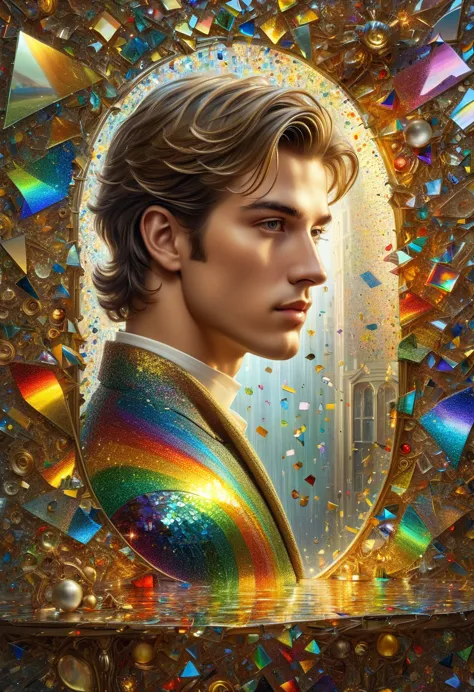 a handsome guy in a fantasy style , a surrealist painting with many small golden details !the man and his reflection creating th...