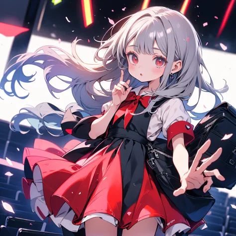 1girl,little、cute、primary school students、red short-sleeved dress、gray hair、red school bag、skipping、facing sideways towards the ...