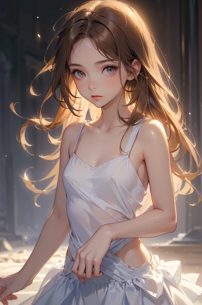 (RAW Photos: 1.2)、((masterpiece))、((Highest quality)、16K、Textured skin、Cinematic lighting、White camisole、(Skimpy small breasts)、(Slender, small chest)、1 person、Beautiful small breasts、Light brown hair、Cute teenage girl