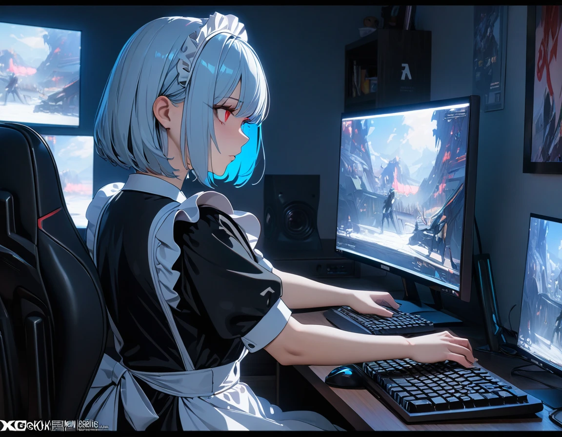 ((best quality)), ((masterpiece)), (detailed), perfect face, ((Best quality, 8k, Masterpiece: 1.3)), Sharp focus, Highly detailed face and skin texture, Detailed eyes, Maid apron, white brim, maid using a desktop computer, playing games on computer, FPS, Computer monitor, keyboard, gaming chair, Light blue hair, Chin-length bob, Dimly lit room, late night, Absorbed in the game, bloodshot eyes