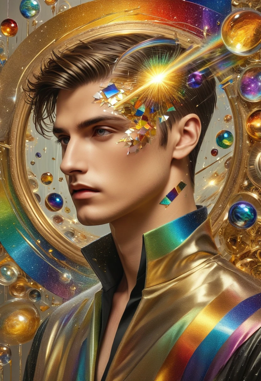 A handsome guy in a fantasy style , A surrealist painting with many small golden details !The man and his reflection creating the illusion of realism . A mosaic of broken mirrors reflects the interference of light, transforming billions of pieces of mirrors into fragmented personalities into a rainbow palette., studying the complexities of human self-perception. From eternity to infinity !