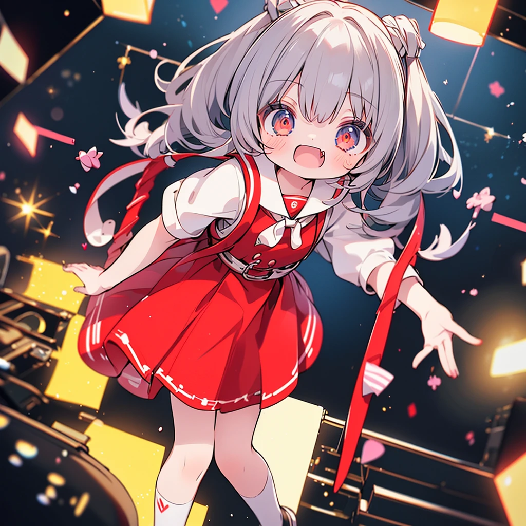 1girl、Highest quality、Masterpiece、The finest details、Little、cute、Primary school students、Red short-sleeved dress、Gray Hair、all back、Red School Bag、Skipping、Facing sideways towards the audience、Yellow simple background、