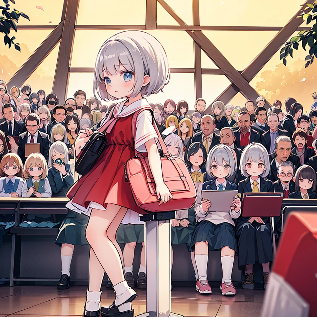 1girl、Highest quality、Masterpiece、The finest details、Little、cute、Primary school students、Red short-sleeved dress、Gray Hair、all back、Red School Bag、Skipping、Facing sideways towards the audience、Yellow simple background、