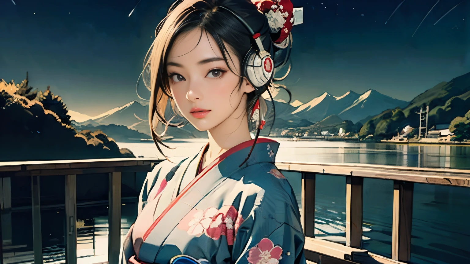 (Highest quality, 8k, masterpiece, High resolution), (whole body), Vibrant colors, Brown-black bob, Traditional topknot, Ample breasts, (Detailed face, Beautiful Face, Beautiful Eyes, Beautiful nose, Pretty lips), Official artwork, Ukiyo-e style, (Beautiful woman in kimono), (Vivid floral patterned kimono), background, river, bridge, Mountain, ((night, Starry Sky)), plum, ((headphones, wearing headphones)),