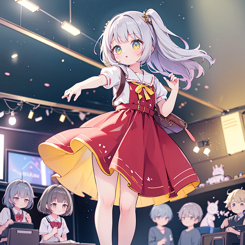 1girl、Highest quality、Masterpiece、The finest details、Little、cute、Primary school students、Red short-sleeved dress、Gray Hair、all back、Red School Bag、Skipping、Facing sideways towards the audience、Yellow simple background、