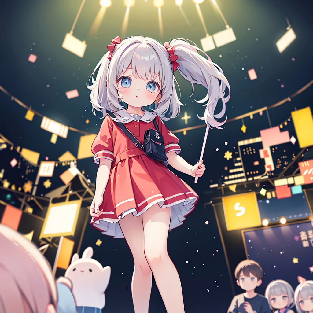 1girl、Highest quality、Masterpiece、The finest details、Little、cute、Primary school students、Red short-sleeved dress、Gray Hair、all back、Red School Bag、Skipping、Facing sideways towards the audience、Yellow simple background、