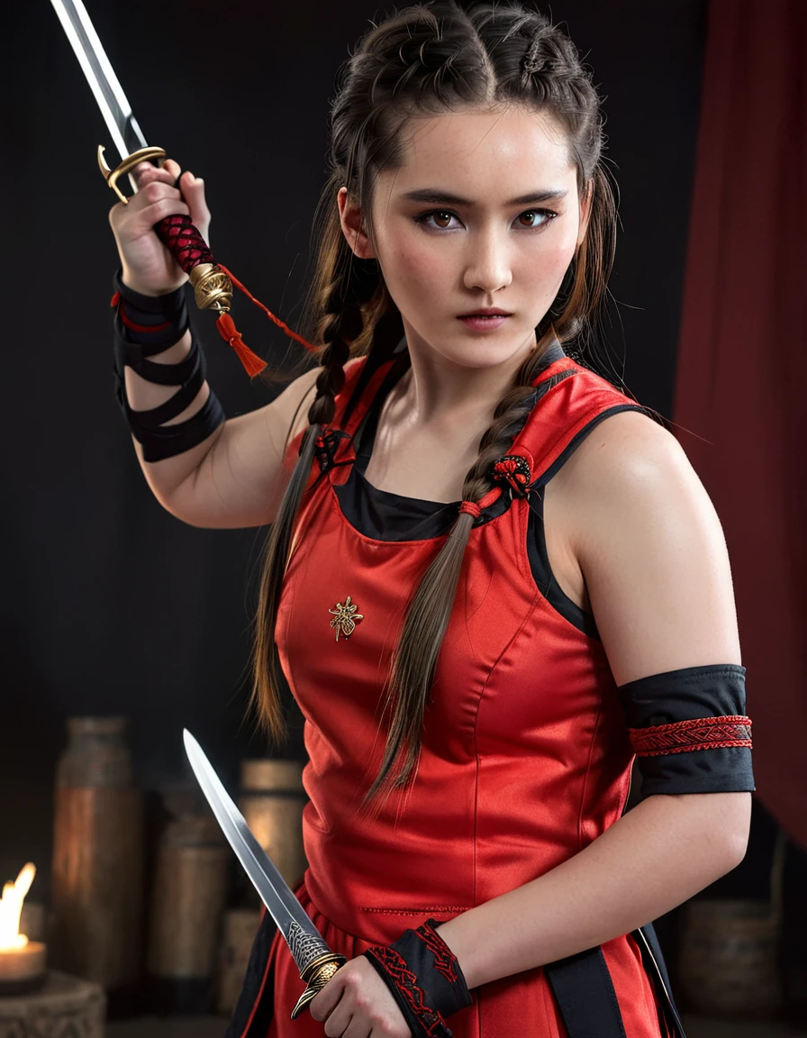 Ancient Chinese style, red armor, long haired child, girl's child, black long hair, wielding sword, beautiful facial features, bright background, cinematic lighting. Ancient Chinese style, red armor, long haired (Christina Chong beautiful face, narrowed eyes. smirk. black braided hair,), wielding sword, beautiful facial features, black background, cinematic lighting, full body - v 5.1