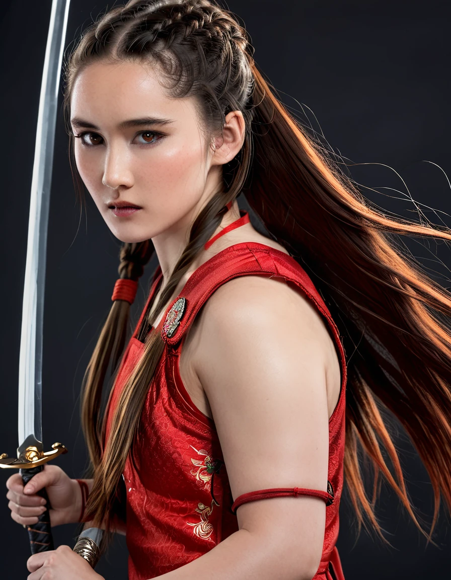 Ancient Chinese style, red armor, long haired child, girl's child, black long hair, wielding sword, beautiful facial features, bright background, cinematic lighting. Ancient Chinese style, red armor, long haired (Christina Chong beautiful face, narrowed eyes. smirk. black braided hair,), wielding sword, beautiful facial features, black background, cinematic lighting, full body - v 5.1