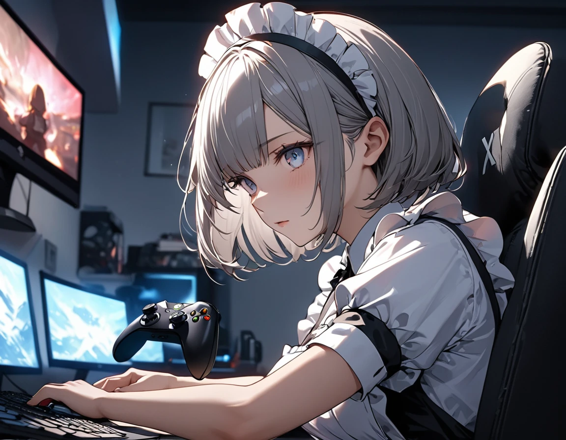 ((best quality)), ((masterpiece)), (detailed), perfect face, ((Best quality, 8k, Masterpiece: 1.3)), Sharp focus, Highly detailed face and skin texture, Detailed eyes, Maid apron, white brim, maid using a desktop computer, playing games on computer, FPS, Computer monitor, keyboard, gaming chair, gray hair, Chin-length bob, Dimly lit room, late night, Absorbed in the game, Use a Gamepad, Xbox Wireless Controller