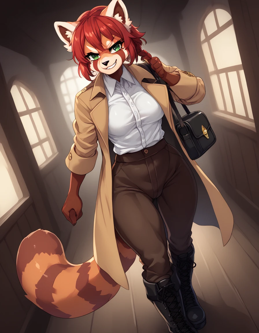 Solo, Score_9, score_8_up, score_7_up, kemono style, Kimiko, An Anthro furry red panda girl, red furry body, red panda tail, , black nose, red hair, braided hair, smug grin, majestic, emerald green eyes, opened dress shirt , brown pants form fitting, satchel around hip leather, short cut combat boots, metal plating on boots, bracers with metal plating on wrist, wooden fantasy town, warm lighting, inside, front angle, impish smirk, majestic, front view, emerald green eyes, looking forward, long legs, athletic toned arms and legs, ass jiggle, athletic toned ass, long coat to legs, trench coat, walking towards viewer, determined.