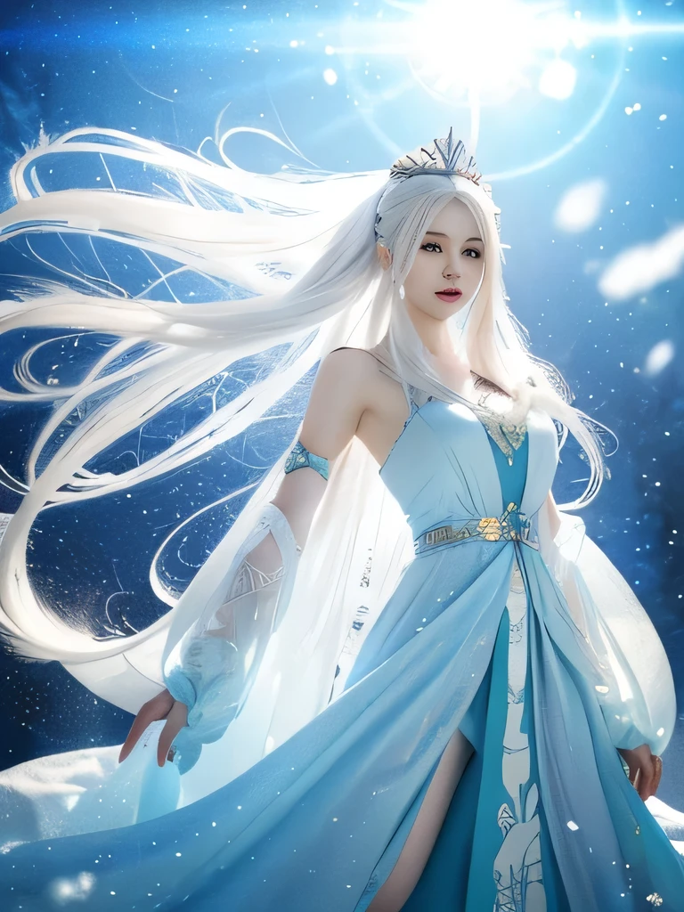 anime girl with long white hair and a blue dress in the snow, white haired deity, white hair floating in air, anime fantasy illustration, flowing white hair, beautiful young wind spirit, beautiful fantasy anime, glowing flowing hair, ethereal anime, beautiful anime artwork, beautiful digital artwork, anime fantasy artwork, ((a beautiful fantasy empress)), 2. 5 d cgi anime fantasy artwork