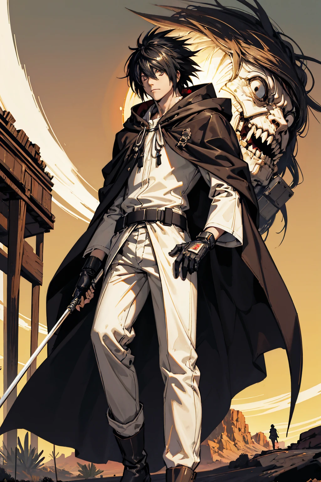 best quality,masterpiece,ultra detailed,Add layer,slim,1 man,solo,
l_lawliet, black hair, black eyes,
30 years old,jedi,tall,
poor cloak,(cloak:1.2),hood,debun pants,Smirk,boots,(gloves),mechanical parts,belt,long sleeves,
slouching,wilderness traveler,in the desert,in the wilderness,bent over,with a staff,