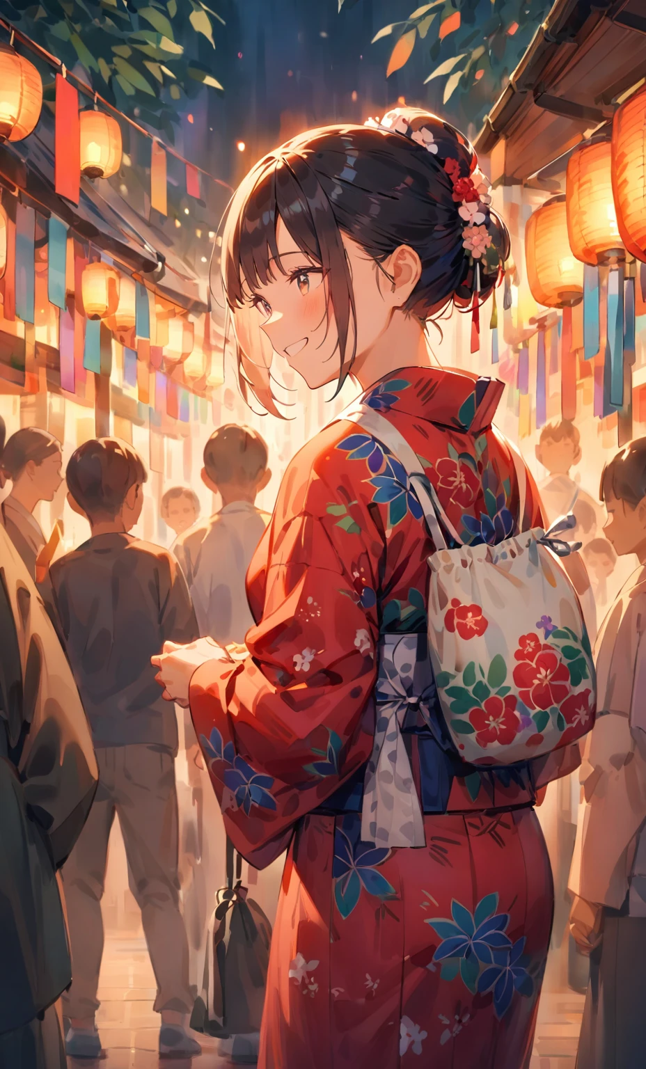 A young woman is waiting for her boyfriend at a Tanabata festival. It is nighttime, and she is standing under beautifully lit bamboo decorations and colorful streamers. The atmosphere is festive with lanterns, stalls selling traditional foods, and people wearing yukatas. The woman is wearing a yukata, holding a small purse, and looking around with a smile, anticipating their festival date.
