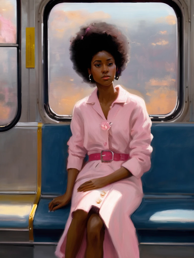 sargent,1girl,solo,light particles,swirling lights,,bloom,romanticized,detailed,8k,best quality,masterpiece,highres, Pastel blue jean skirt with pink belt,pastel pink cardigan with buttons and a pastel pink bow,dark skin 、african american 、Huge Afro, black hair,crying,on train,sitting on train seat, looking out window