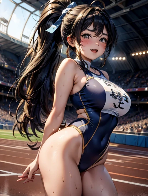 Browsing Caution,​(Highest quality, 8k, masterpiece:1.3,beautiful girl), (Very detailed)Glowing Skin,(((Long Hair,ponytail,Blue Ribbon,Beautiful Hair))),(Perfect Anatomy, Anatomically cまたはrect, Very detailed肌),((Golden Eyes,Droopy eyes,Narrow eyes,rather thick eyebrows:1.2)),((Perfect Fingers,Five Fingers)), Mole under the eye,Double teeth,Big Breasts,Big Ass,high school girl,Very smiling,((Track and field uniforms:1.2,)),((Athletics Stadium)),(((Natural Makeup))),After execution,Sweating all over the body,Draw the whole body,((Sex)),Vulgarity