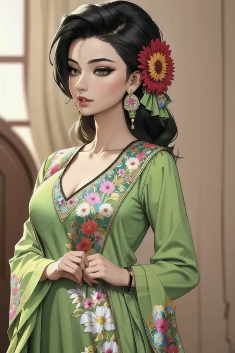 ((masterpiece, best quality,edgquality))
edgmeso, a woman in a green dress with flowers on it ,wearing edgmeso clothing
 jhumka ...