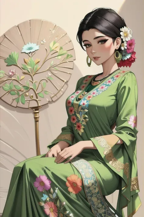 ((masterpiece, best quality,edgquality))
edgmeso, a woman in a green dress with flowers on it ,wearing edgmeso clothing
 jhumka ...