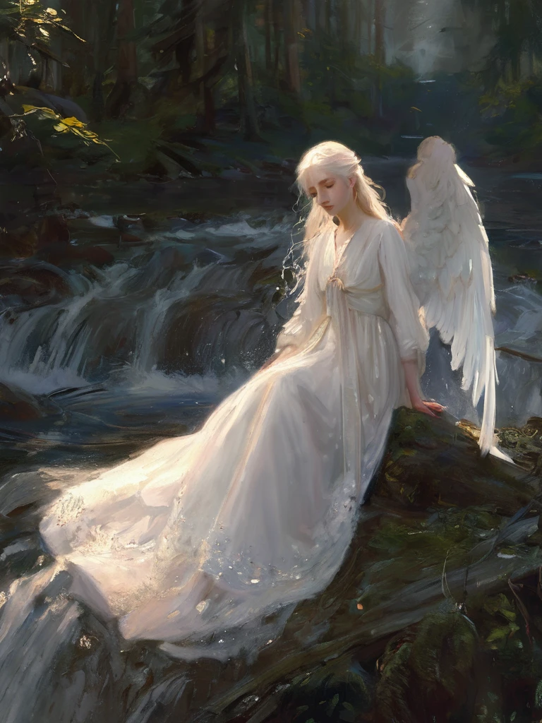 sargent,1girl,solo,light particles,swirling lights,,bloom,romanticized,detailed,8k,best quality,masterpiece,highres, white eyes,white eyelashes,white hair,angelic,crying,long hair,angelic wings,angelic dress,crouched down in forest,crying,looking at water,near water,forest trees,sad