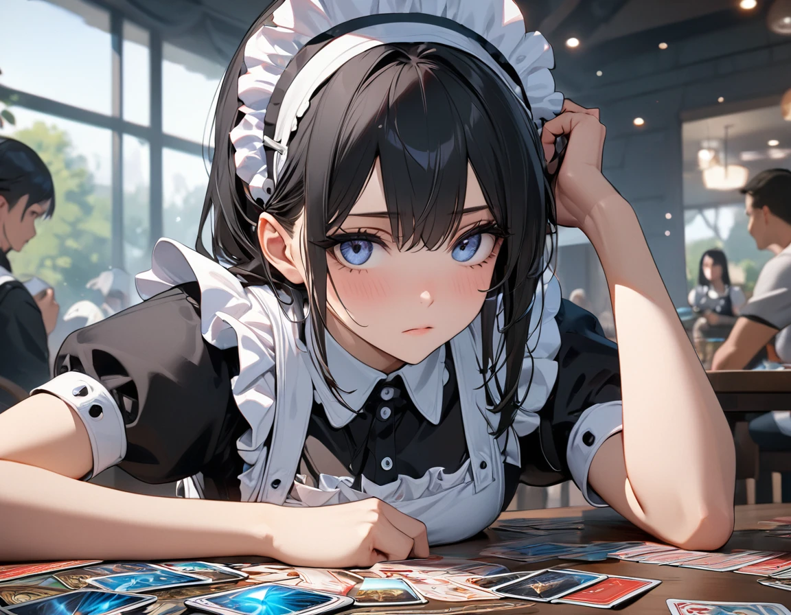 ((best quality)), ((masterpiece)), (detailed), perfect face, ((Best quality, 8k, Masterpiece: 1.3)), Sharp focus, Highly detailed face and skin texture, Detailed eyes, Maid apron, white brim, maid, black hair, hair over shoulder, Trading Card Game, playing Magic: The Gathering, (Magic: The Gathering), Staring at the card, thinking