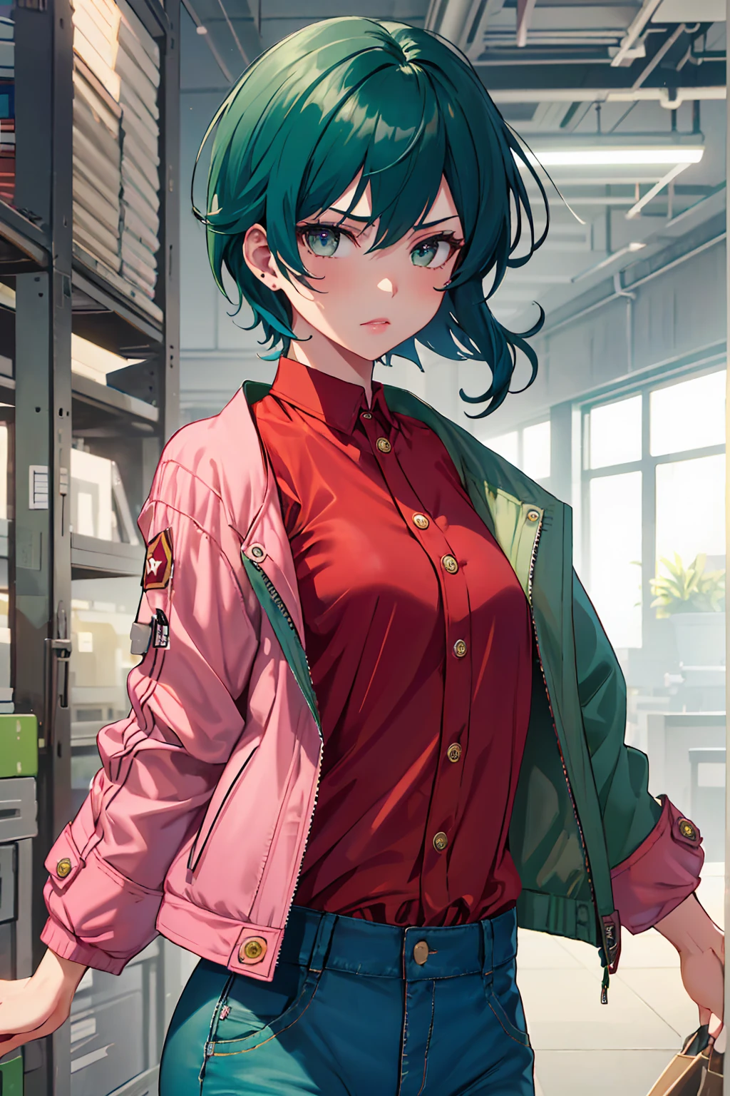 1girl, solo, masterpiece, flying superhero pose, bulge, (red_shirt:1.4), short hair, bob hair style, blue hair, pink eyes ,denim, long pants, (green_jacket:1.5),