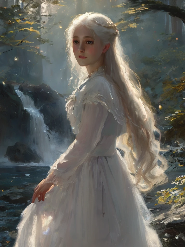 sargent,1girl,solo,light particles,swirling lights,,bloom,romanticized,detailed,8k,best quality,masterpiece,highres, white eyes,white eyelashes,white hair,angelic,crying,long hair,angelic wings,angelic dress,crouched down in forest,crying,looking at water,near water,forest trees,sad,Cloud Hair, very long hair