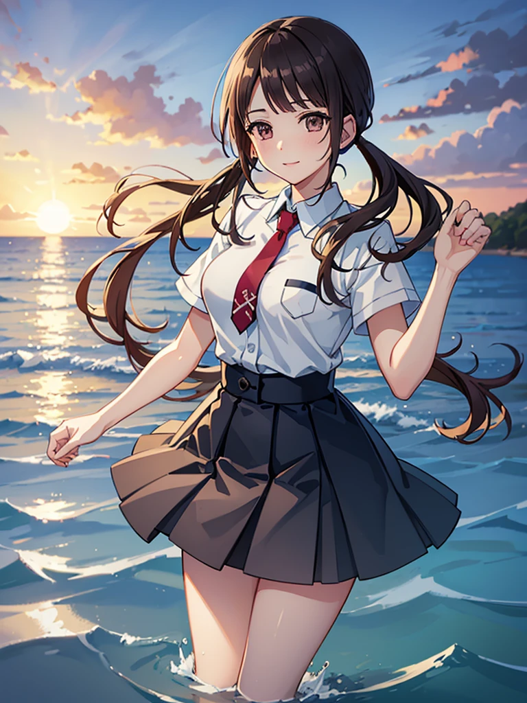 ((Highest quality,masterpiece)),(16K,Ultra-high resolution,Super detailed)1girl, 独奏,okitasawa, low twintail,white shirt, short sleeves, red necktie, blue skirt,The Japanese summer coast in the evening,Highly detailed facial features, Beautiful and perfect face, Perfect Eyes,walking on water,Splashing water effects,A clear, beautiful sea,A vibrant sunset,Anatomically correct body,Perfect lighting,Perfect Shadow,