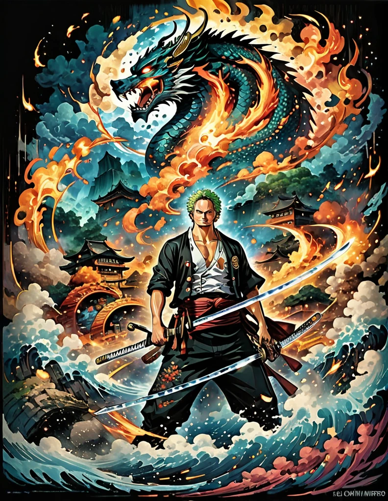 Roronoa Zoro from anime one piece holding two swords and other one in the mouth. Posed. Best angle. Samurai. Particle fire. Dragon circle. A little dark background. Art style of wano arc and modern. symmetrical epic fantasy art, el bosco and dan mumford, inspired by tomasz alen kopera, anton fadeev and dan mumford, painting by dan mumford, symmetrical fantasy landscape, portal to another world, a portal to the lost flame realm