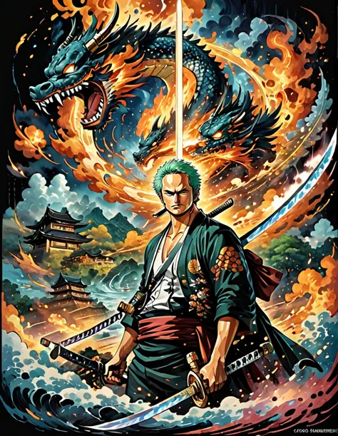 roronoa zoro from anime one piece holding two swords and other one in the mouth. posed. best angle. samurai. particle fire. drag...