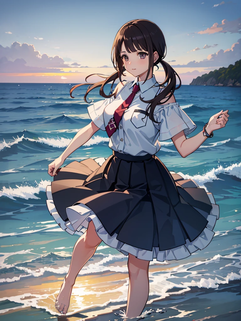 ((Highest quality,masterpiece)),(16K,Ultra-high resolution,Super detailed)1girl, 独奏,okitasawa, Low twintails that reach down to the shoulders,white shirt, short sleeves, red necktie, blue skirt,The Japanese summer coast in the evening,Highly detailed facial features, Beautiful and perfect face, Perfect Eyes,walking on water,Splashing water effects,A clear, beautiful sea,A vibrant sunset,Anatomically correct body,Perfect lighting,Perfect Shadow,