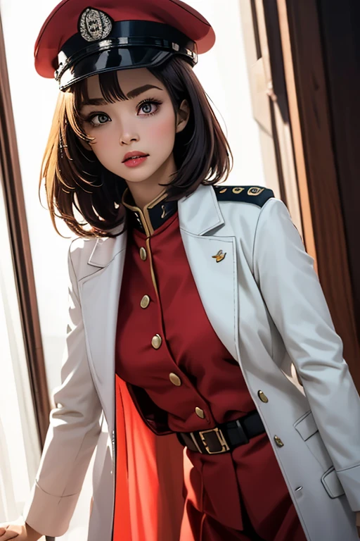 Highest quality　High resolution　Simple　White military uniform with a stand-up collar　army officers　military cap　class seal　white open coat　Baggy　Long bangs　Adult female　Casual expression　cute　Strong posture　Dynamic Lighting　（（head to waste:1.8））