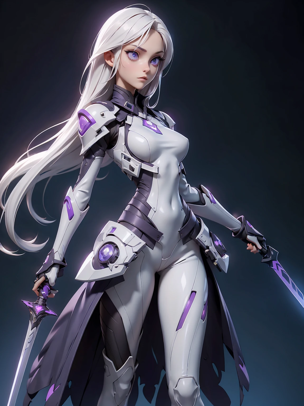 ((Best Quality)), ((Masterpiece)), ((Realistic)) slender, cute girl with medium-length white hair and vibrant purple eyes. She wears a tight-fitting, sleek suit with high-tech boots and chestplates. The outfit includes matching vambraces, all in a futuristic, high-tech design. She wields a high-tech sword, adorned with glowing lights along the blade and hilt. The girl's expression is calm and focused, complementing her stylish, advanced gear.