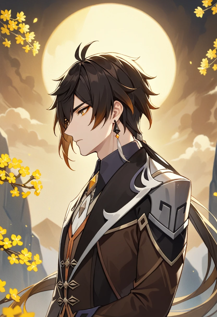 (best quality,4k,8k,highres,masterpiece:1.2),1boy, zhongli_/(genshin_impact/),male focus,ultra-detailed,realistic,(dsmile:0.5),intense gold eyes,mature_male, narrow_waist,full body, by carnelian, cel shading, fantasy china background, liyue, mountains,melancholy, osmanthus flowers,male focus,solo,long hair,bangs,jewelry,earrings,ponytail,contemplative, thoughtful, calm, serene, red eyeliner, ultra-detailed eyes, volumetric lighting, sunset, golden illumination, wise and kind god,cinematic lighting, ray tracing, UHD, high details, high quality, award winning, super detail,vivid fantasy painting,hd color