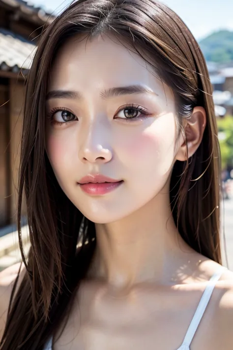 with the alleys of kyoto in the background、18-year-old girl、independent、look forward to、light eye makeup、brown hair color、flat 、...