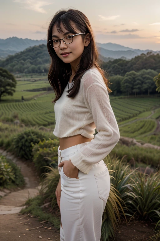 Young sweet beautiful Bogor city girl standing cheerful on wide rice  field near Bogor, descent mixed from sundanese and javanese and Arabic, little breasts, straight very short thin hairs with a bangs, very very slim body, have big  greek nose,  tirus slim  face, wide forehead,  big eyes, little sexy  mouth, heavy down lip, thin uper lip, charm and cute girl, her name is Dewi, very sweet and harmful  smile, in the sunny fresh sunset, georgeus sweet face, slim body, 19 years old, student of agriculture university, wearing 80's style big   size white  long sleeve long sweater, wearing not sexy white thin trousers in late 80' years era mode and style, wearing wedges shoes, very realistic, very natural, very realistic, all body from head to toes view, wind blowing so strong  and blowing everything, straight bob style slim hairs with a bangs blown by the  very strong wind, salak mountain as background, beautiful sunset and beautiful girl, sweet romantic moment that can't forget, wearing glasses, she is very in love to me,