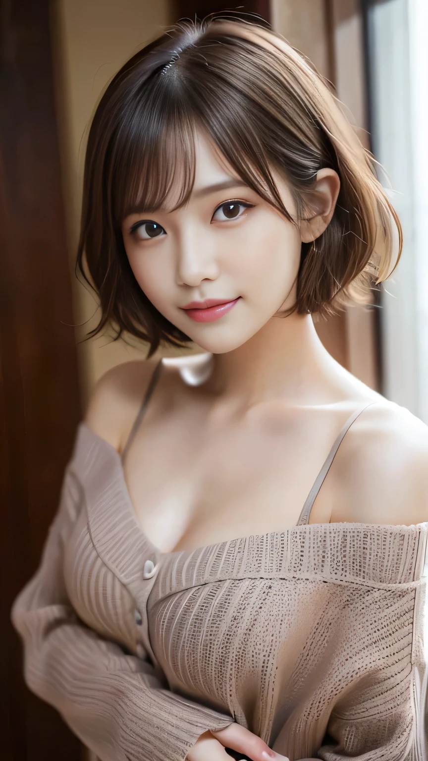 Mature 27 years old Cute Girls、Cute Girls、Burning idol pose、Detailed face、Super detailed cute eyes、Realistic lips、Realistic and beautiful skin、A shy smile、Blushed cheeks、Super Short Hair、Wavy brown short cut、(((Small Boobs)))、（Off-the-shoulder sweater）、masterpiece、Highest quality、Ultra-high resolution、(Photorealistic:1.4)、Beautiful lighting、Raw photo、8K  UHD、Facial lighting、