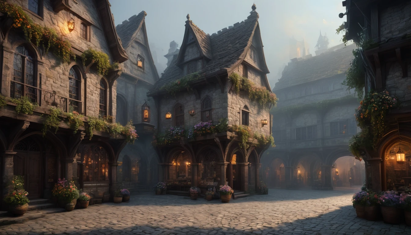 a medieval fantasy RPG town, stone buildings, many people, bar, detailed architecture, cobblestone streets, medieval market, lanterns, warm lighting, renaissance era, ornate details, intricate designs, atmospheric fog, moody lighting, cinematic composition, dramatic lighting, photorealistic, 8k, high quality, highly detailed