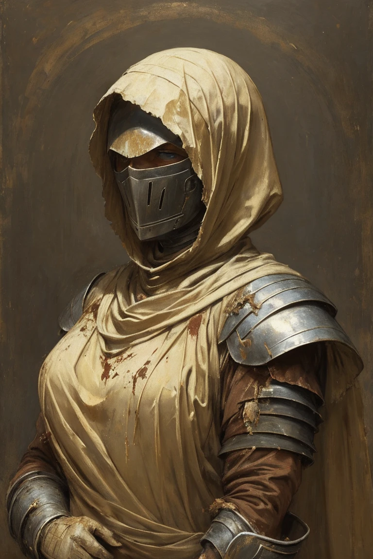 a painting of a cowering woman, gaunt, late 20s, arms wrapped in yellowing bandages, skin hidden behind dirty knight armor, bandages covered in dried blood and puss, disgusting, defiant fleeting eyes, in pain, old bandages wrapped tightly, mended armor plates over torso, mended knight, short ratty hair covering face, dirty face and clothes, sneering, scars all over her face, head is visible, short matted hair around head, mended metal chest armor, old painting style, NO HOOD