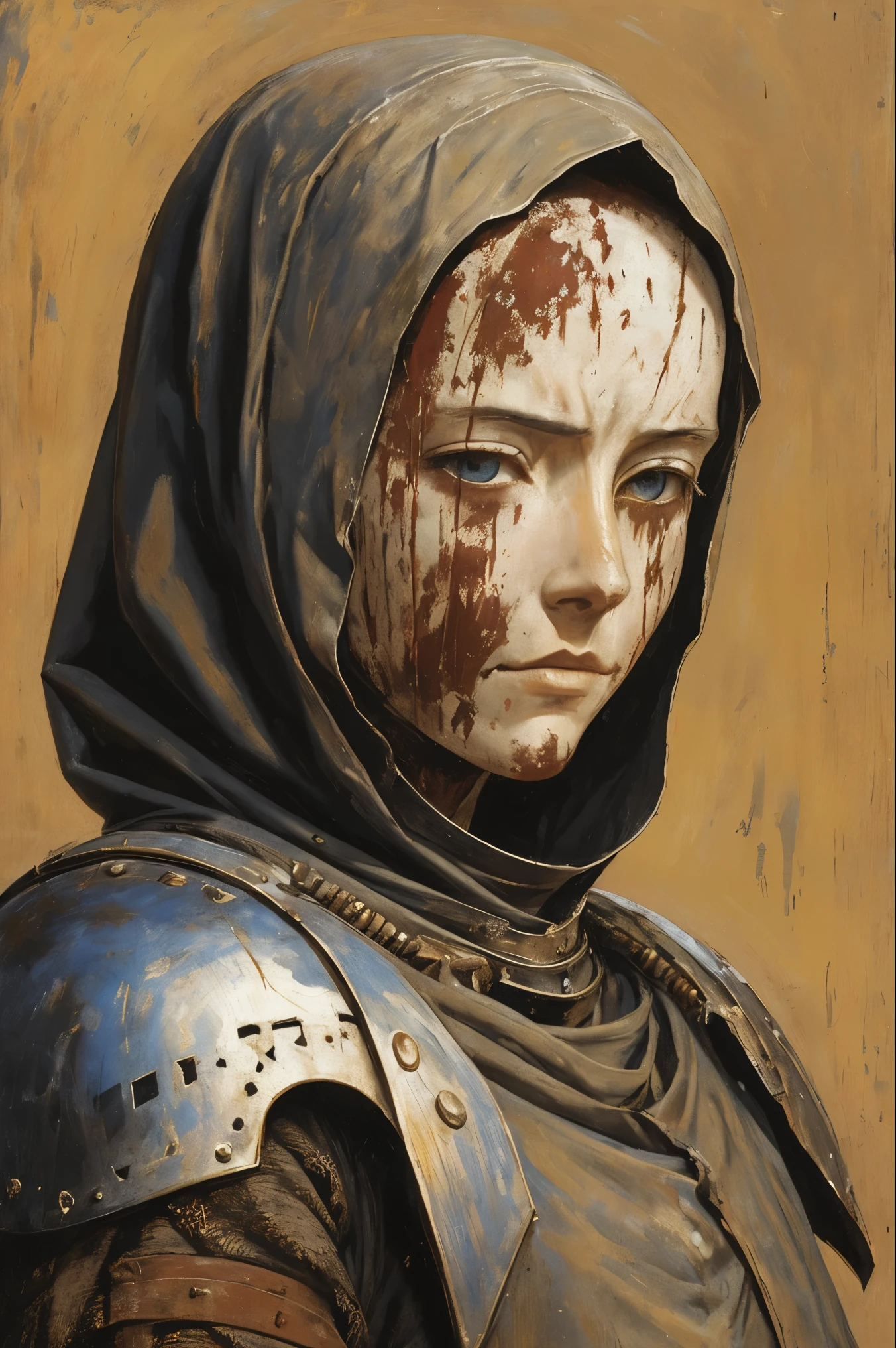 a painting of a cowering woman, gaunt, late 20s, arms wrapped in yellowing bandages, skin hidden behind dirty knight armor, bandages covered in dried blood and puss, disgusting, defiant fleeting eyes, in pain, old bandages wrapped tightly, mended armor plates over torso, mended knight, short ratty hair covering face, dirty face and clothes, sneering, scars all over her face, head is visible, short matted hair around head, mended metal chest armor, old painting style, NO HOOD