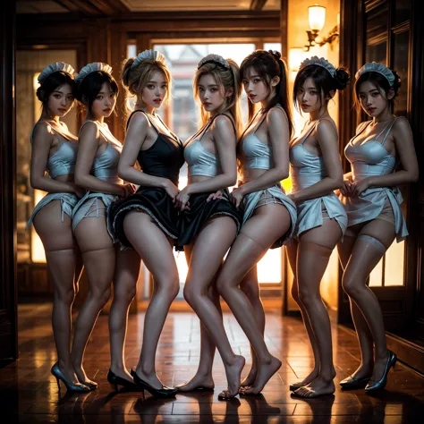 (full body of extremely detailed((sexy maid group in a row:1.37))), kawaii perfect face, reflective eyes, detailed(delicate clot...