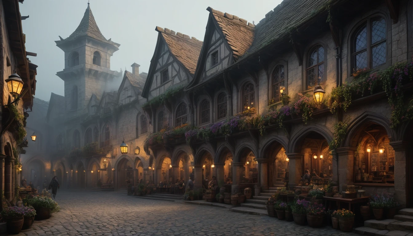 a medieval fantasy RPG town, stone buildings, many people, bar, detailed architecture, cobblestone streets, medieval market, lanterns, warm lighting, renaissance era, ornate details, intricate designs, atmospheric fog, moody lighting, cinematic composition, dramatic lighting, photorealistic, 8k, high quality, highly detailed